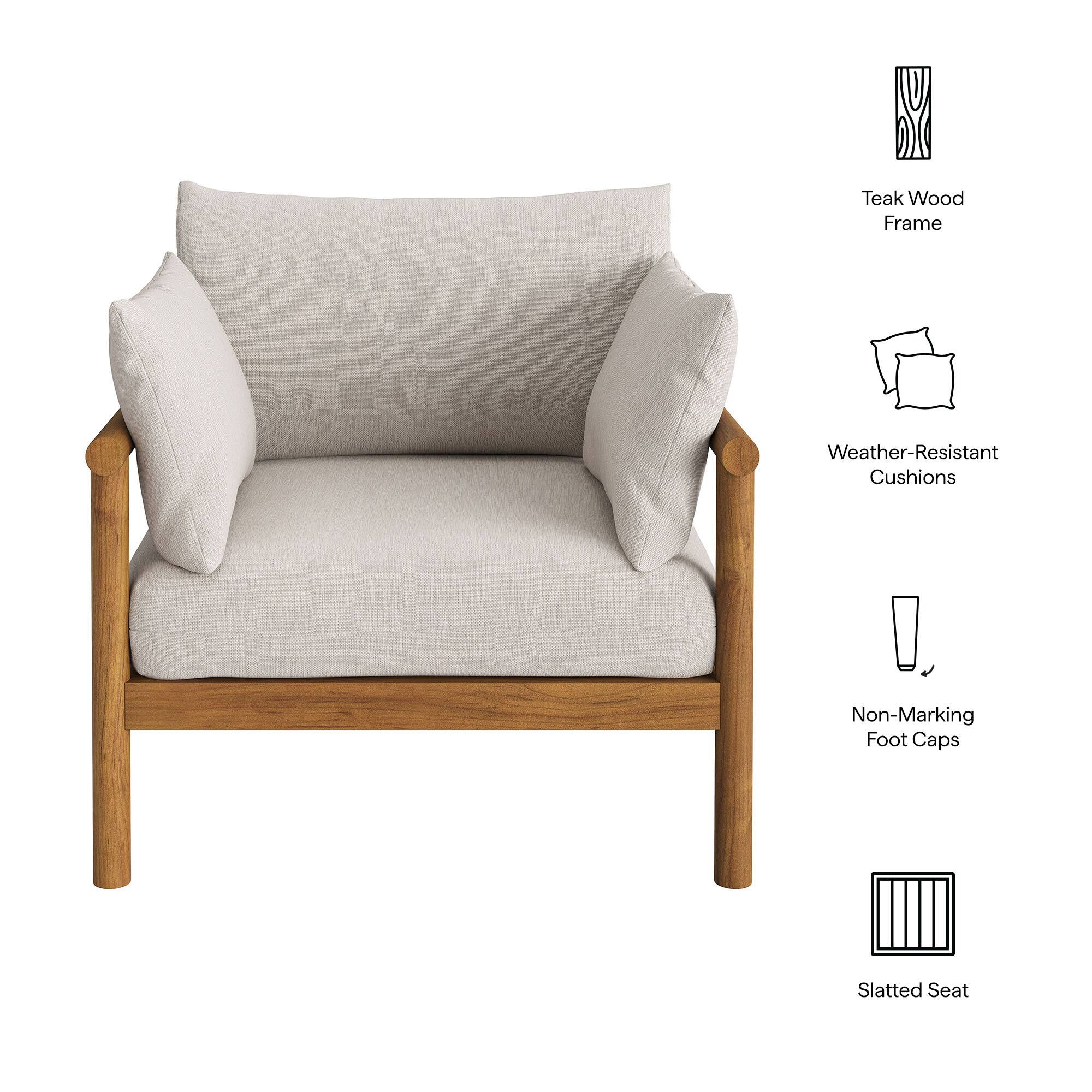 Teak Wood Frame  
Weather-Resistant Cushions  
Non-Marking Foot Caps  
Slatted Seat