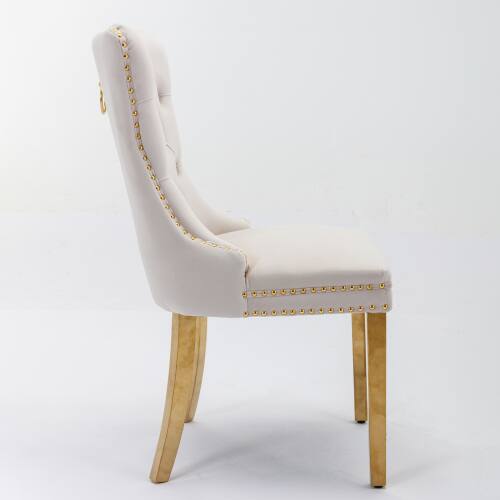 Alt View 1. LUCKY ONE - Assembled Tufted Velvet Dining Chair Set of 2 with Golden Stainless Steel Legs Nailhead Trim - Beige.