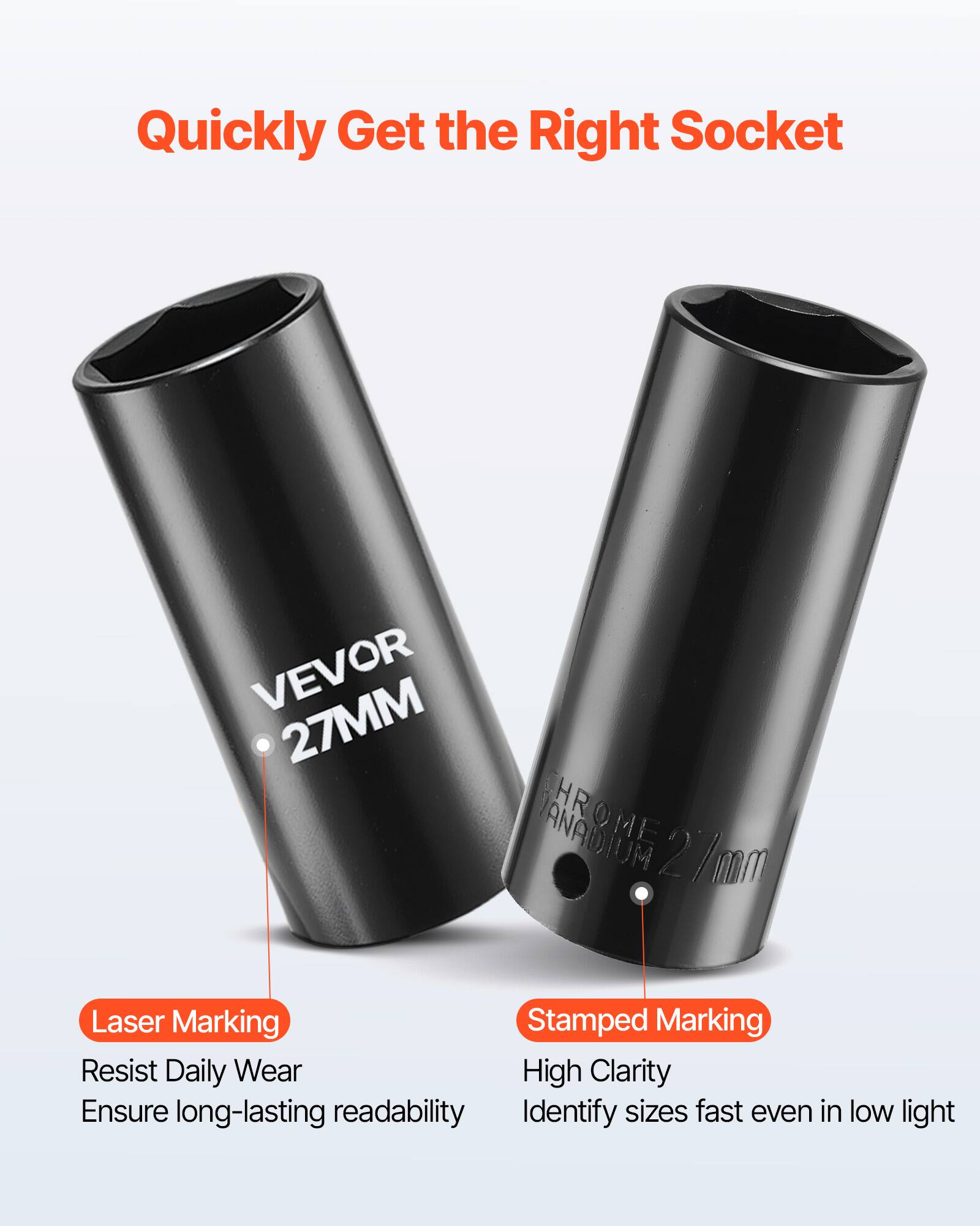 Quickly Get the Right Socket

VEVOR 27MM HR TANADIUM OME 27mm

Laser Marking
- Resist Daily Wear
- Ensure long-lasting readability

Stamped Marking
- High Clarity
- Identify sizes fast even in low light