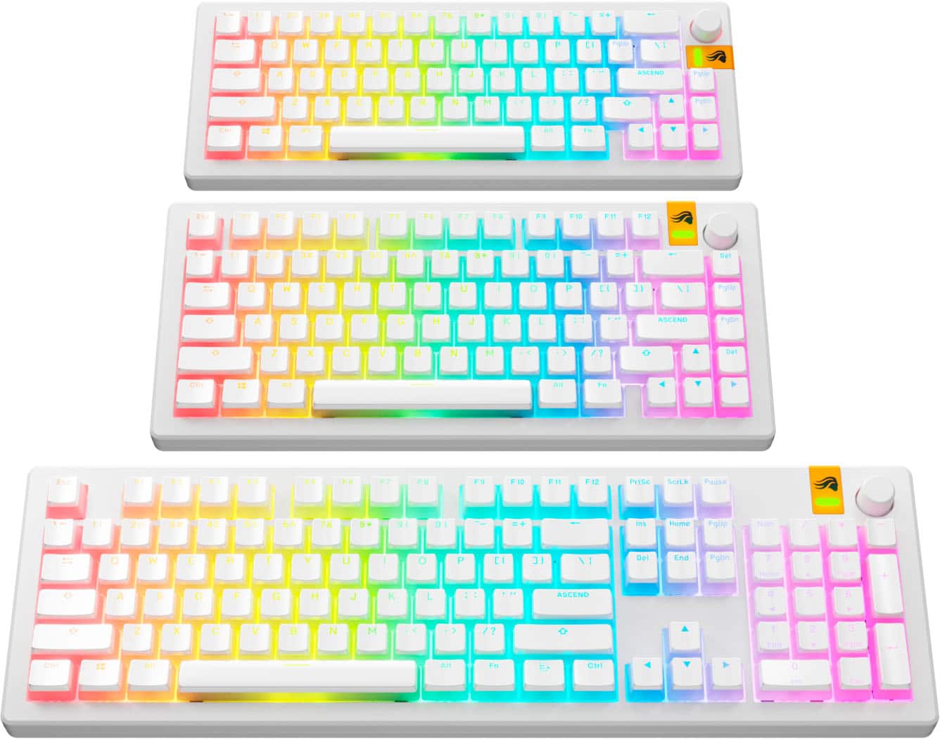 Two keyboards are shown, both with colorful rainbow keycaps. The first keyboard is on the left side of the image, and the second keyboard is on the right side. The keycaps are arranged in a way that makes them visually appealing and easy to read. The keyboards are designed to be used with a computer, and they are likely intended for users who enjoy the aesthetic of colorful keycaps.