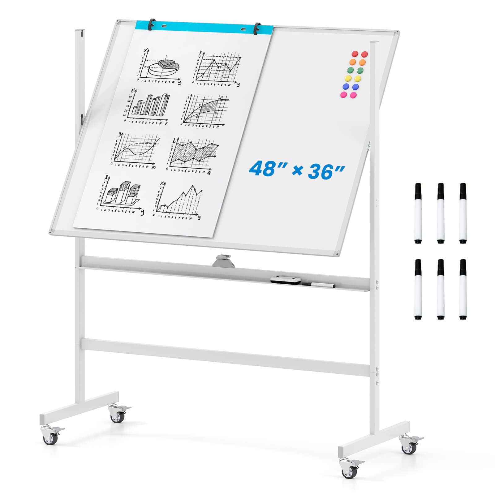 Costway - 48"x36" Mobile Magnetic Double-Sided Reversible Whiteboard Height Adjust - White