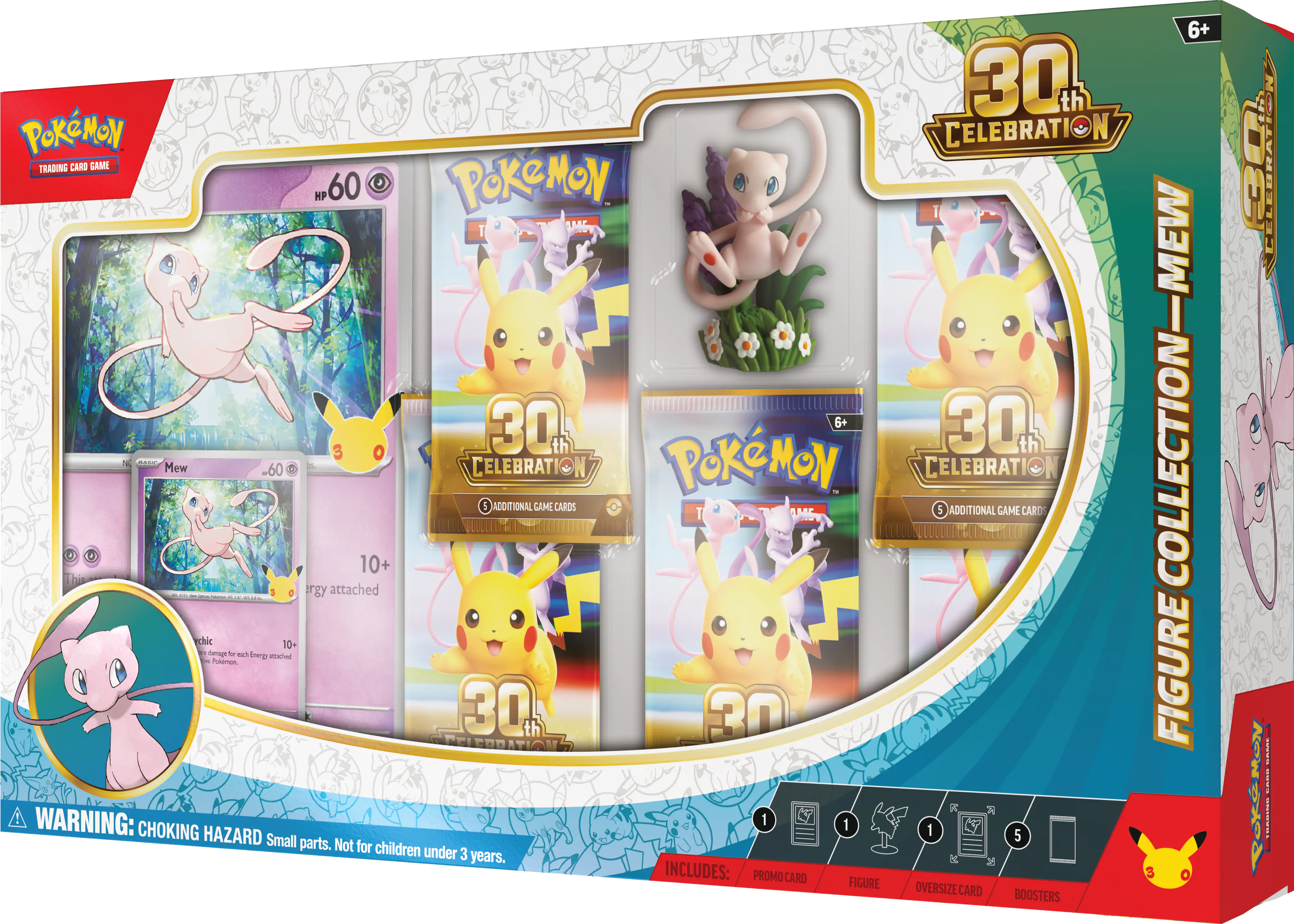 30th Pokémon Celebration Trading Card Game 60 HP Pokémon. 30th Pokémon Celebration Additional Game Cards 5 Additional Game Cards. This includes: 1 Oversize Card, 5 Boosters, 1 Promo Card, 1 Figure. WARNING: Choking Hazard - Small parts. Not for children under 3 years.