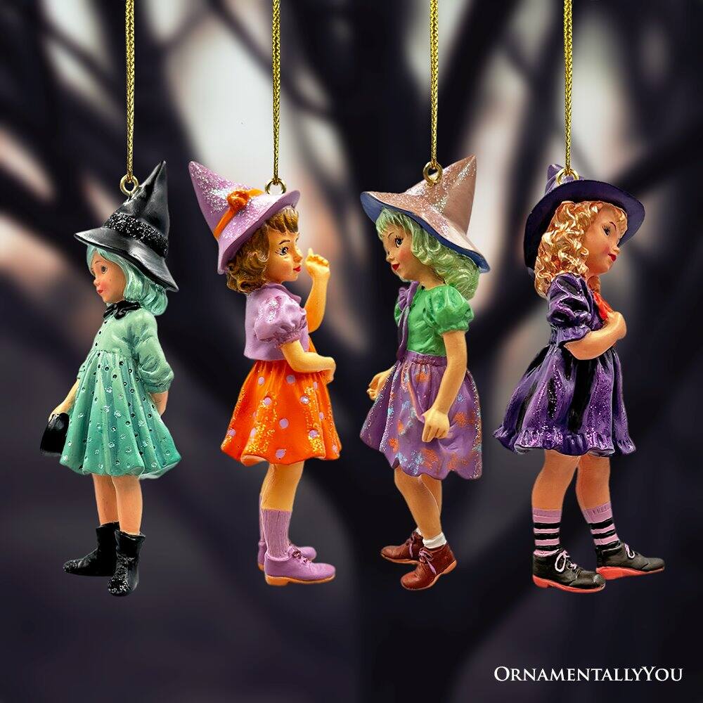 Alt View 1. OrnamentallyYou - Classic Victorian Little Witch Girls Set of 4 Ornaments Vintage Halloween Tree Resin Decoration - Multi-colored.