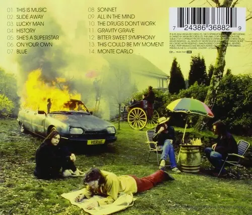 Sure, here is the corrected and grouped text:

---

**Track List:**

1. This Is Music  
2. Slide Away  
3. Lucky Man  
4. History  
5. She's a Superstar  
6. On Your Own  
7. Blue  
8. Sonnet  
9. All in the Mind  
10. The Drugs Don't Work  
11. Gravity Grave  
12. Bitter Sweet Symphony  
13. This Could Be My Moment  
14. Monte Carlo  

**Barcode:**

7 24386 36882 9  

**Label:**

Verve  

---