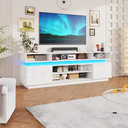 Espafurni - 83" LED TV Stand with Power Outlets, High Gloss & Glass Shelf - White