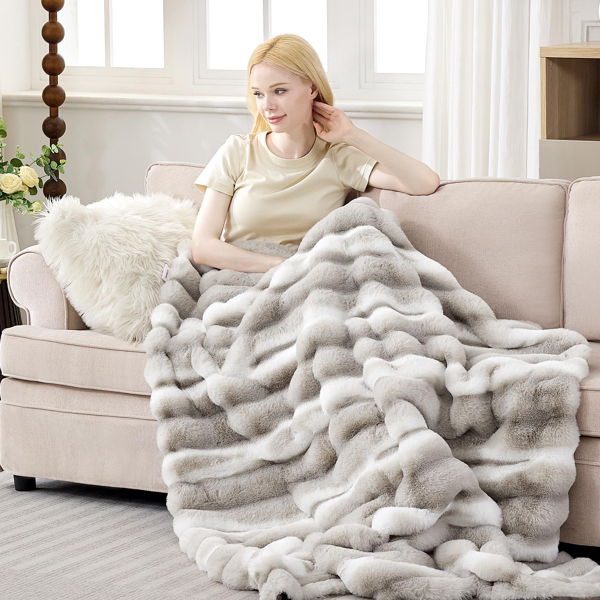Alt View 3. ThinkLink Electronic - Faux Rabbit Throw Blanket - 850gsm Thick & Warm  Ultra Soft Plush For Couch Bed Sofa Ideal Gift Women 60" * 80" Grey - Beige 60" × 80".
