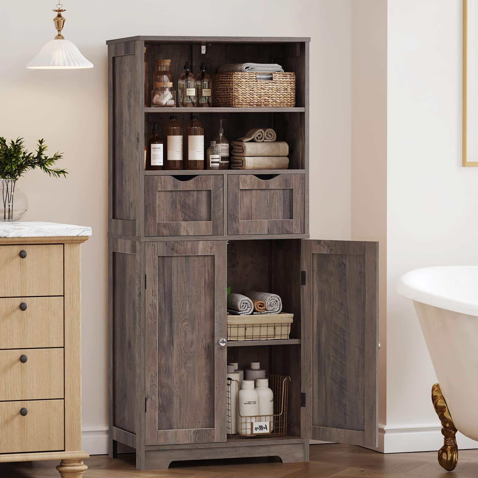 Hirose Alice - Floor Storage Cabinet With 4 Doors & 2 Shelves Cupboard Cabinets For Forest adjustable different makes - Rustic Gray, 2 Drawers