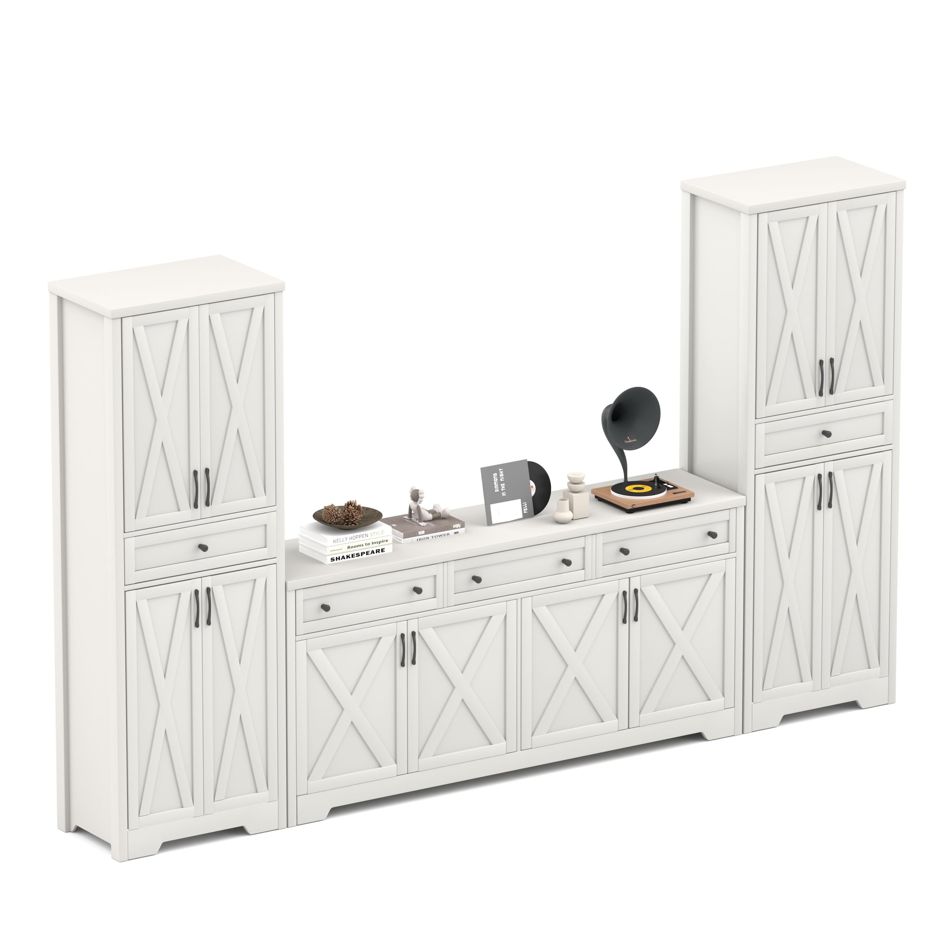 TinyHomie - TV Cabinet Set Multifunctional TV Wall One TV Cabinet and Two Sideboards for Living Room 113.5in L x 15in W x 68in H - White