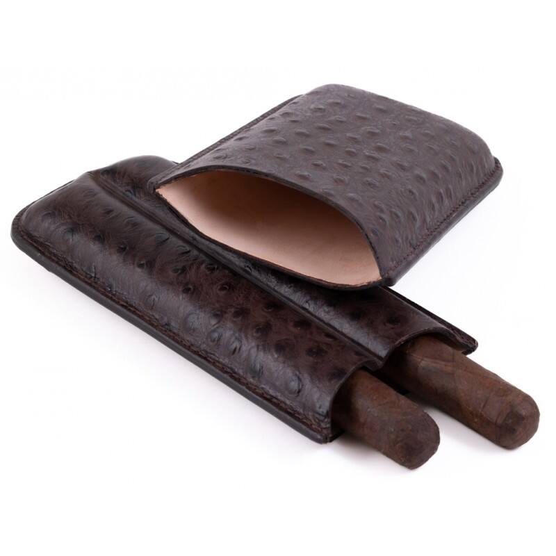 Angle. Prestige - Ostrich 2 Cigar Case (Brown) - Brown Leather Finish.