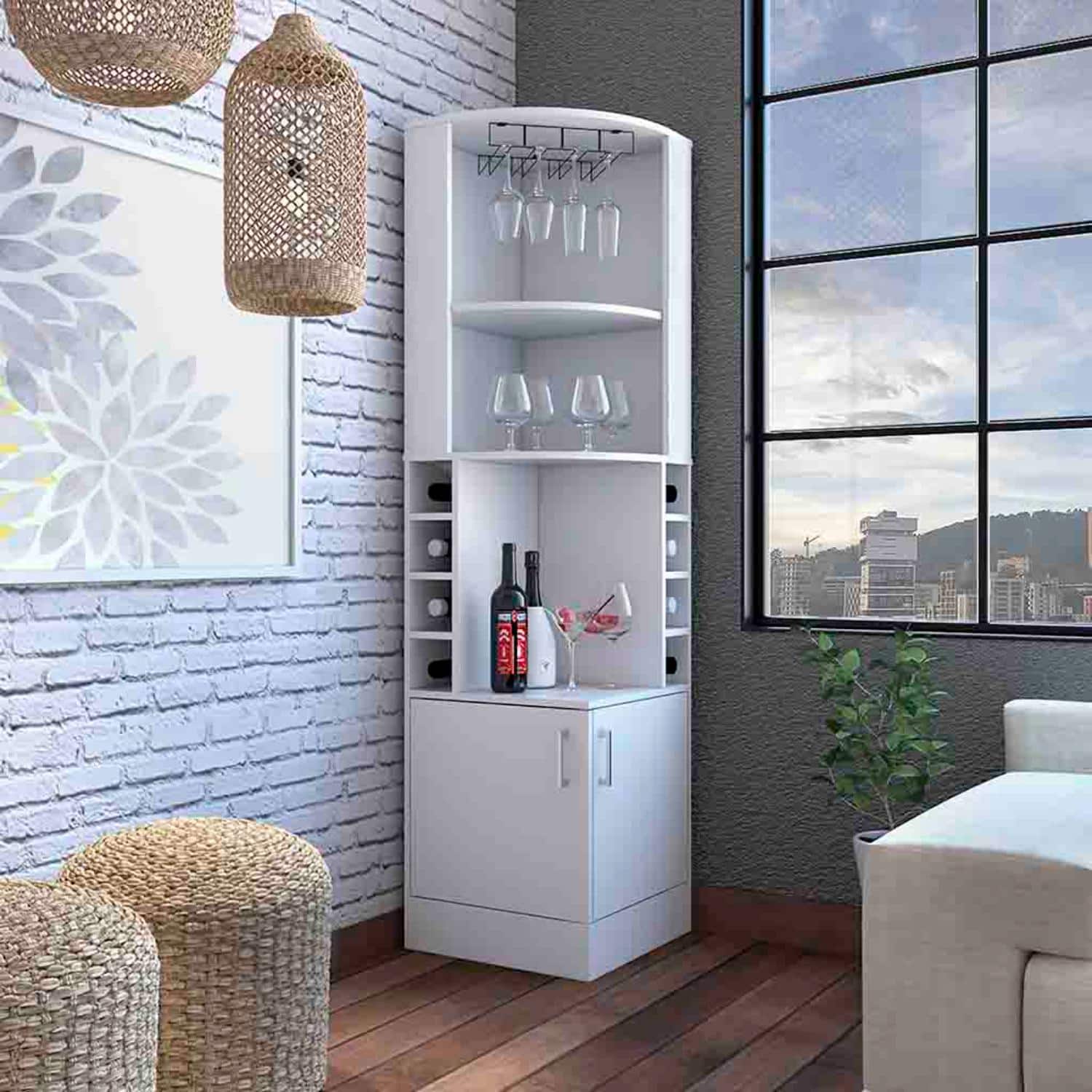 TuHome - Syrah Corner Bar Cabinet, Eight Bottle Cubbies, Double Door, Two Open Shelves, Bar Room or Living Room - White price history on PriceWatchPro