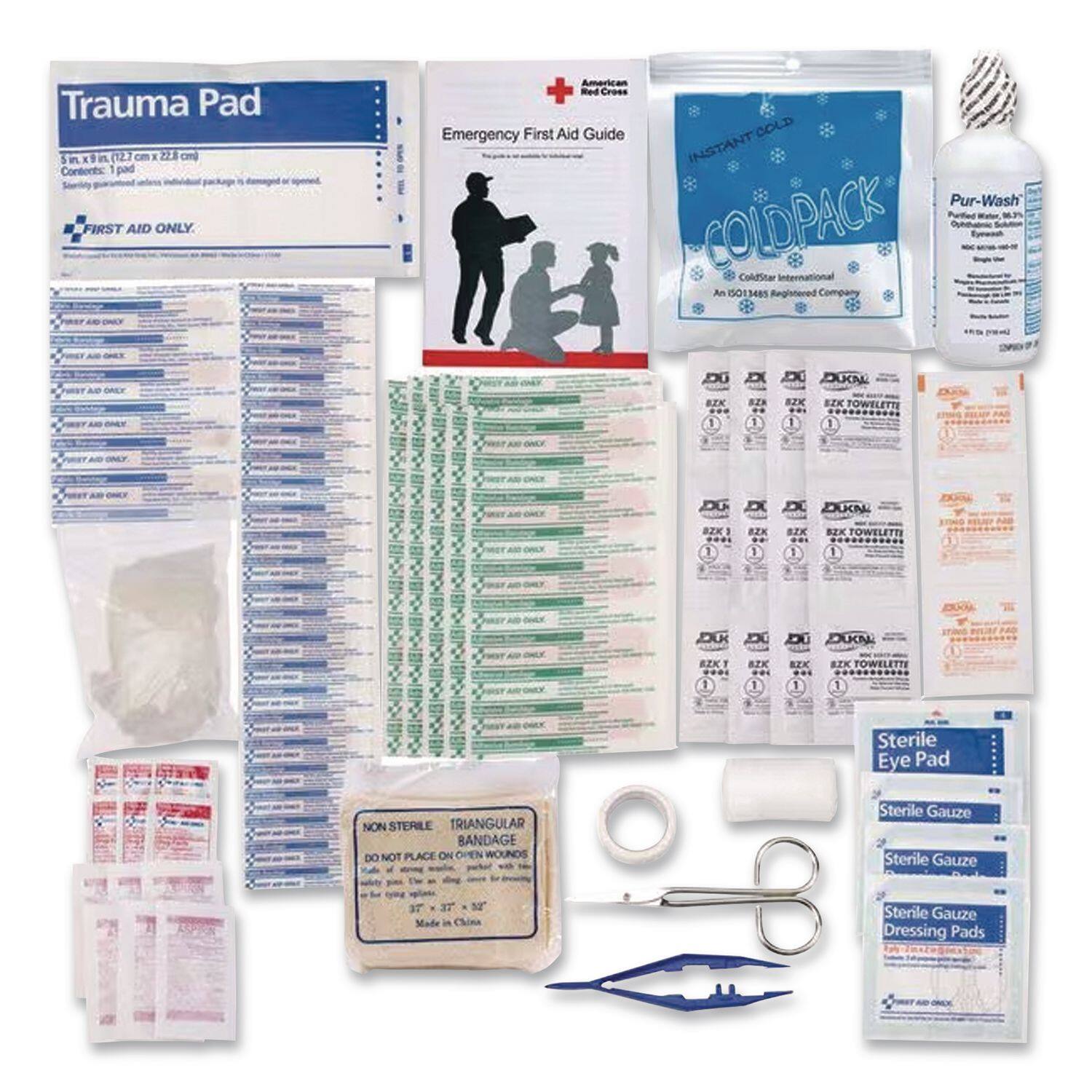 Trauma Pad  
Size: 5" x 9" (12.7 cm x 22.9 cm)  
Contents: 1 pad  
First Aid Only  

Emergency First Aid Guide  
American Red Cross  

Instant Cold Pack  
ColdSaver International  
An ISO 13485 Registered Company  

Pur-Wash  
Purified Water, Sodium Chloride, Optic Yellow  
For use in first aid only  

Sterile Eye Pad  
Sterile Gauze  
Sterile Gauze Dressing Pads  
Made in China  

Non Sterile Triangular Bandage  
Do Not Place on Open Wounds  
Made in China  

Sterile Towlettes  
10 x 10" (25.4 cm x 25.4 cm)  
10 per package  

Scissors  
Tweezers