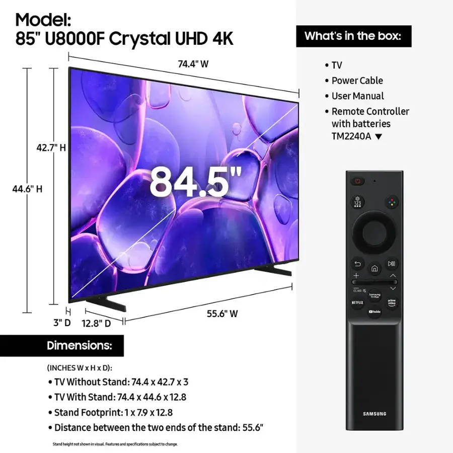 Samsung 85” Class U8000F Series Crystal UHD 4K Smart Tizen TV (2025 ...