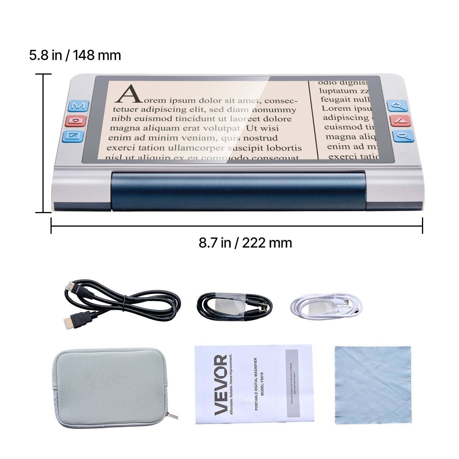 5.8 in / 148 mm

Lorem ipsum dolor sit amet, consectetur adipiscing elit, sed diam nonummy nibh euismod tincidunt ut laoreet dolore magna aliquam erat volutpat. Ut wisi euismod tincidunt ut laoreet dolore magna aliquam erat volutpat.

8.7 in / 222 mm

VEVOR Portable Digital Magnifier Model: 1901