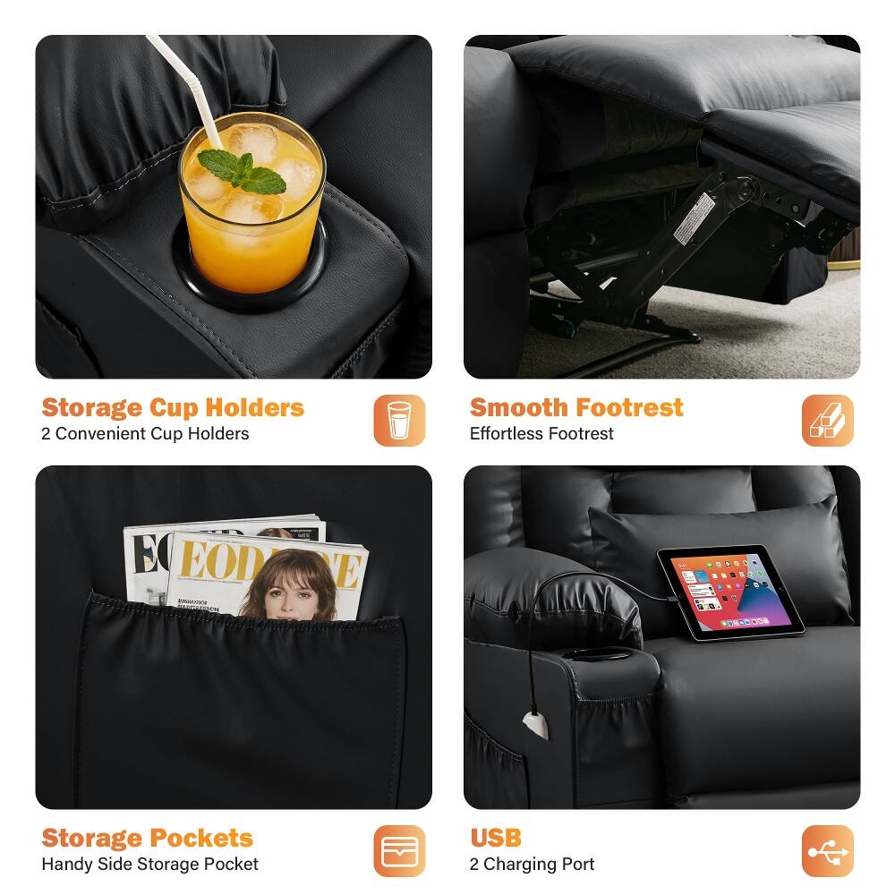 Storage Cup Holders  
2 Convenient Cup Holders

Smooth Footrest  
Effortless Footrest

Storage Pockets  
Handy Side Storage Pocket

USB  
2 Charging Port