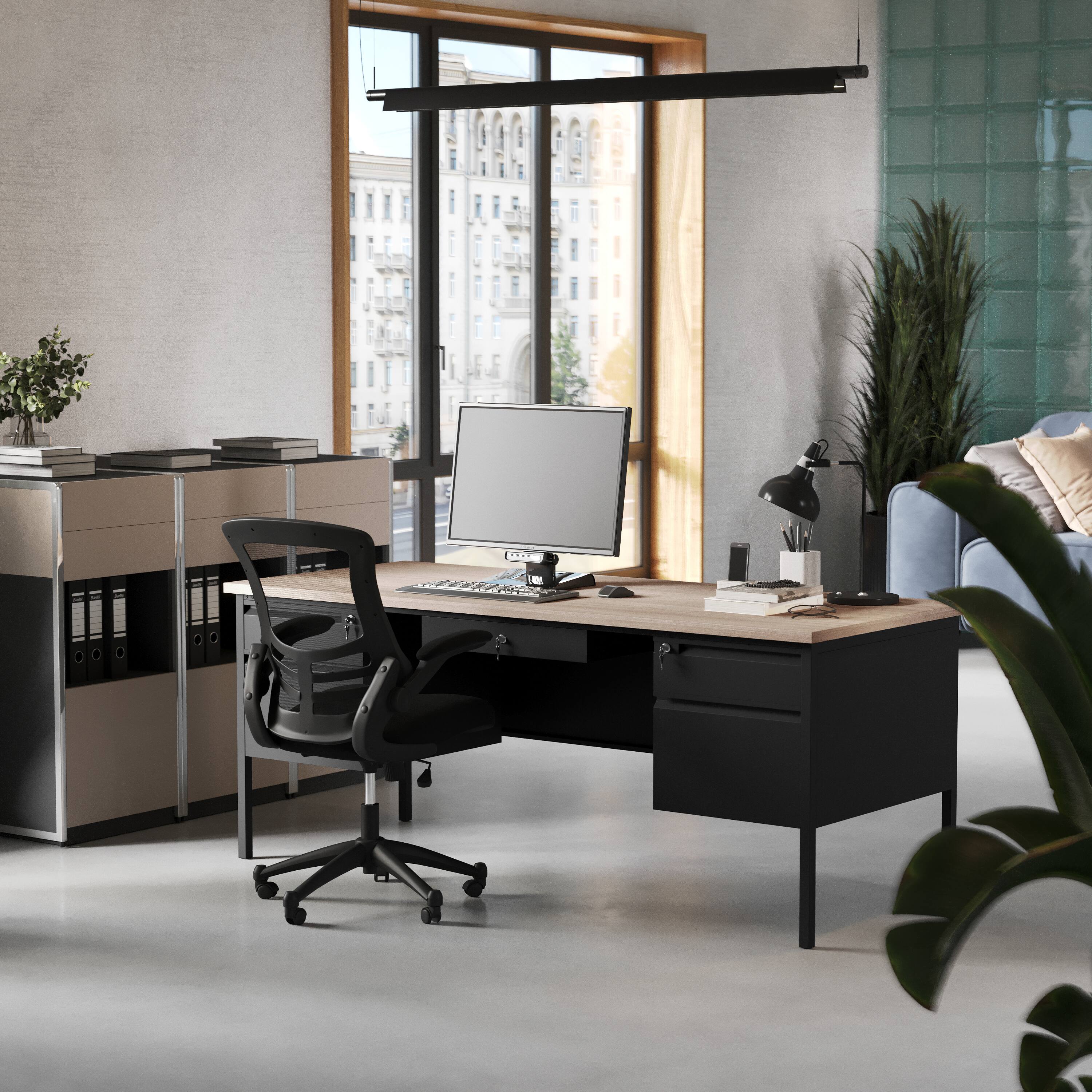Alt View 2. Flash Furniture - Cambridge Commercial Grade 30x70 Double Pedestal Desk with 5 Locking Drawers, White Oak Top and Black Frame - Brown.