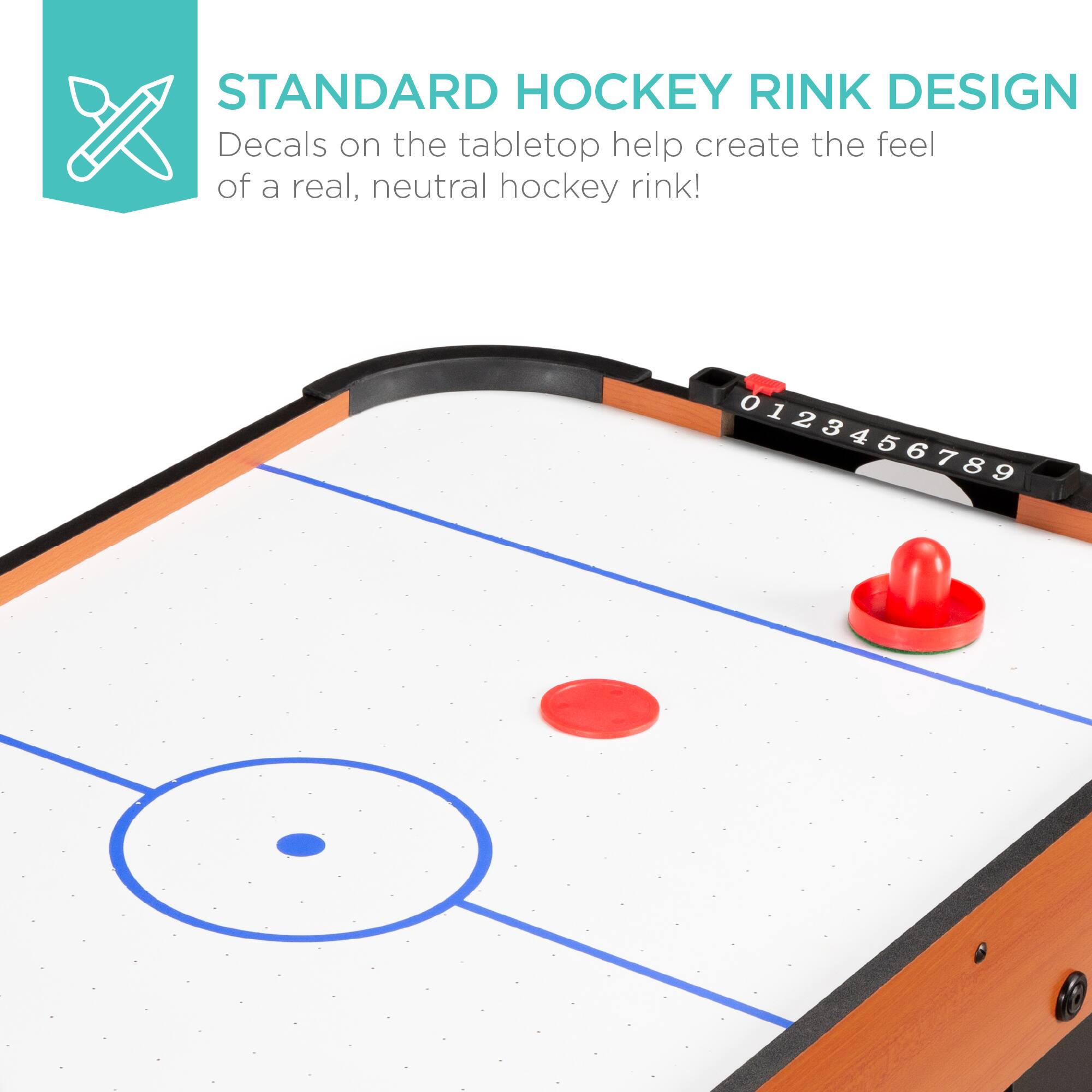 STANDARD HOCKEY RINK DESIGN
Decals on the tabletop help create the feel of a real, neutral hockey rink!