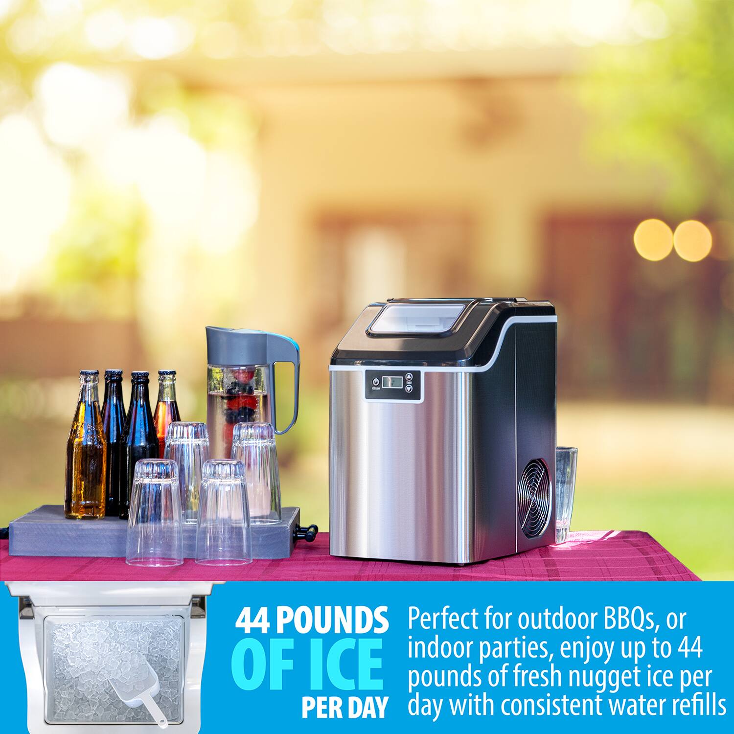 44 POUNDS OF ICE PER DAY

Perfect for outdoor BBQs, or indoor parties, enjoy up to 44 pounds of fresh nugget ice per day with consistent water refills