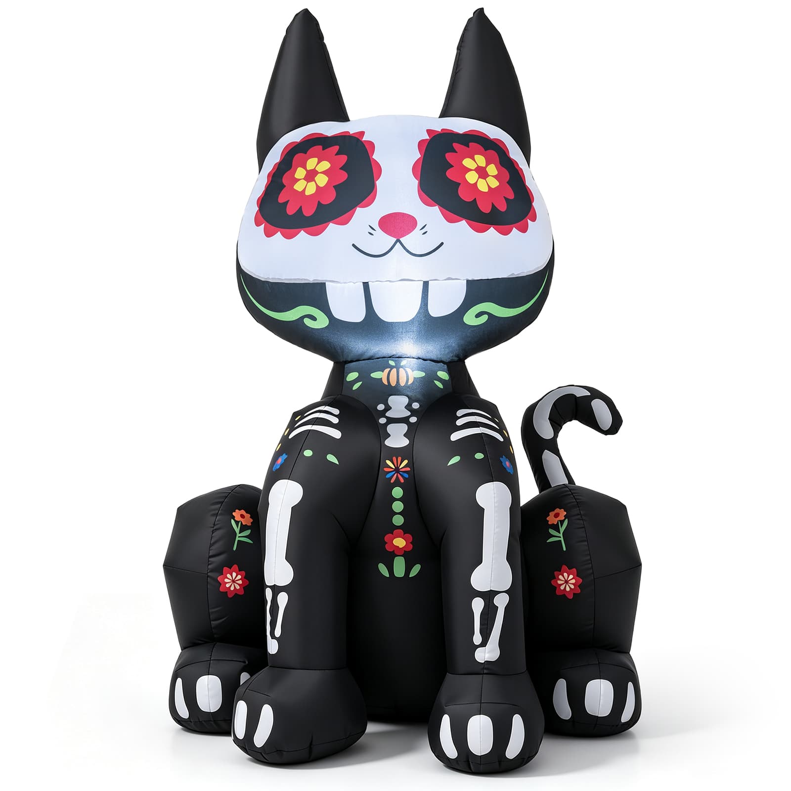 Front. Costway - Costway 4 FT Day of the Dead Inflatable Skull Cat with LED Light, 2 Water Filled Bags - Black + White.