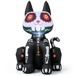 Costway - 4 FT Day of the Dead Inflatable Skull Cat with LED Light, 2 Water Filled Bags - Black + White