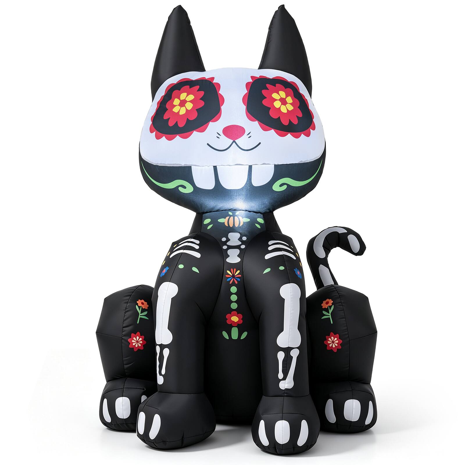 Front. Costway - Costway 4 FT Day of the Dead Inflatable Skull Cat with LED Light, 2 Water Filled Bags - Black + White.