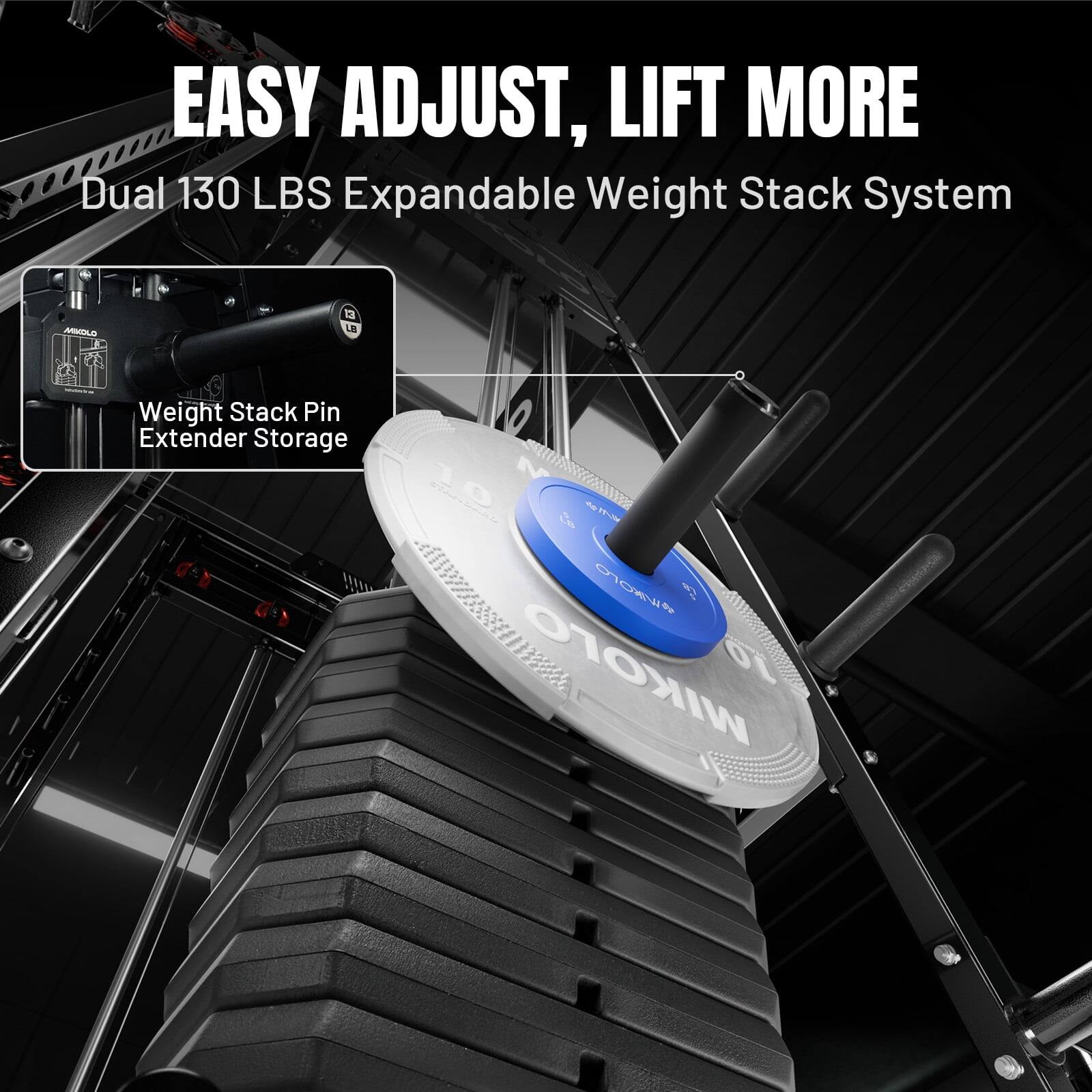 EASY ADJUST, LIFT MORE  
Dual 130 LBS Expandable Weight Stack System  

MINOLO  
13 LB  
Weight Stack Pin Extender Storage  

0 Comments MIKOLO 10