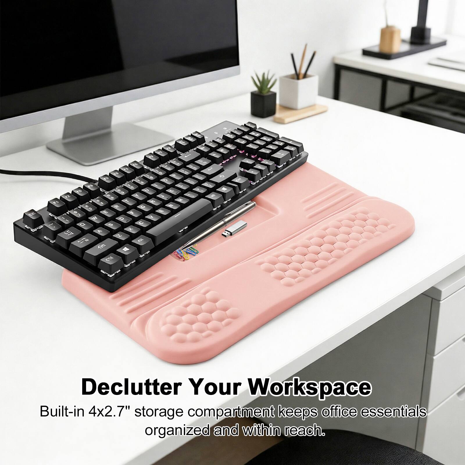 Declutter Your Workspace  
Built-in 4x2.7" storage compartment keeps office essentials organized and within reach.