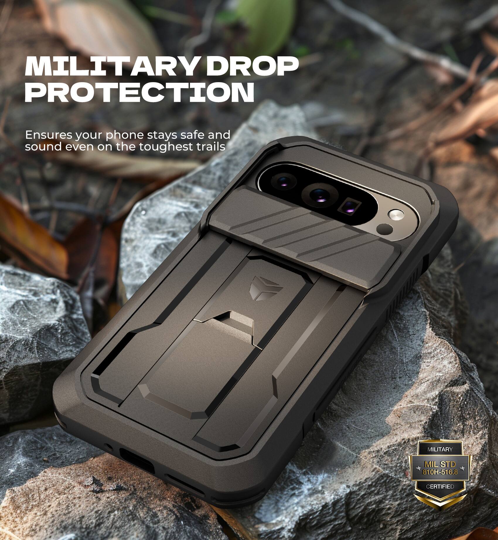 MILITARY DROP PROTECTION  
Ensures your phone stays safe and sound even on the toughest trails  

MILITARY  
MIL STD 810H-516.8 6.8 CERTIFIED