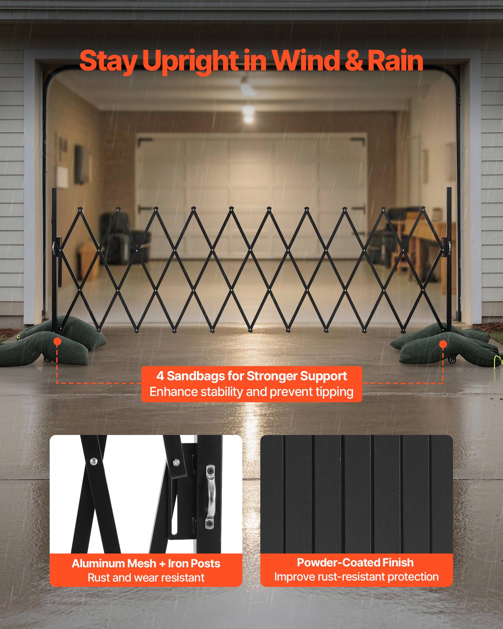 Stay Upright in Wind & Rain

4 Sandbags for Stronger Support  
Enhance stability and prevent tipping

Aluminum Mesh + Iron Posts  
Rust and wear resistant

Powder-Coated Finish  
Improve rust-resistant protection