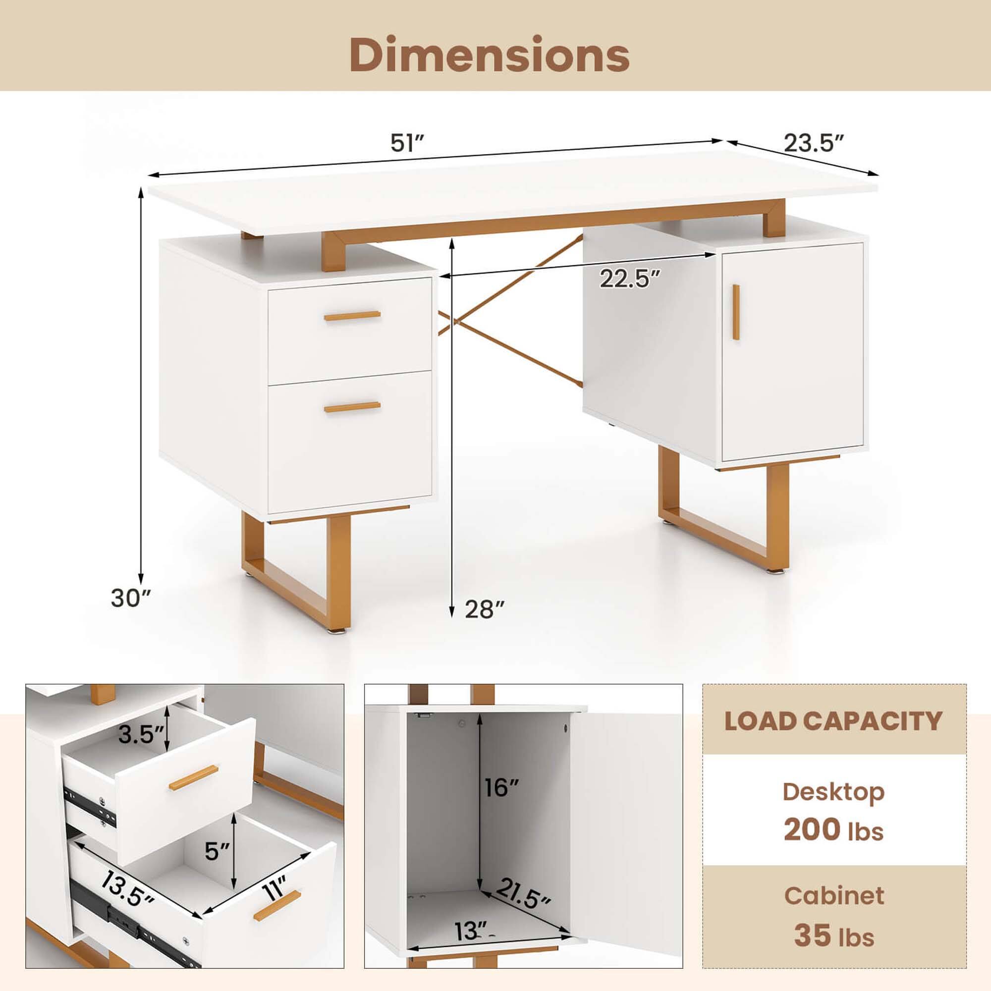 Dimensions  
51" x 23.5" x 22.5" x 30" x 28" x 3.5"  
LOAD CAPACITY  
Desktop 200 lbs  
Cabinet 35 lbs