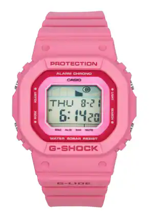 PROTECTION ALARM CHRONO CASIO ADJUST MODE THU 8-21 6:1420 14 SNZ ALLN SIG MUTE LIGHT SEARCH WATER 20BAR RESIST G-SHOCK G-LIDE