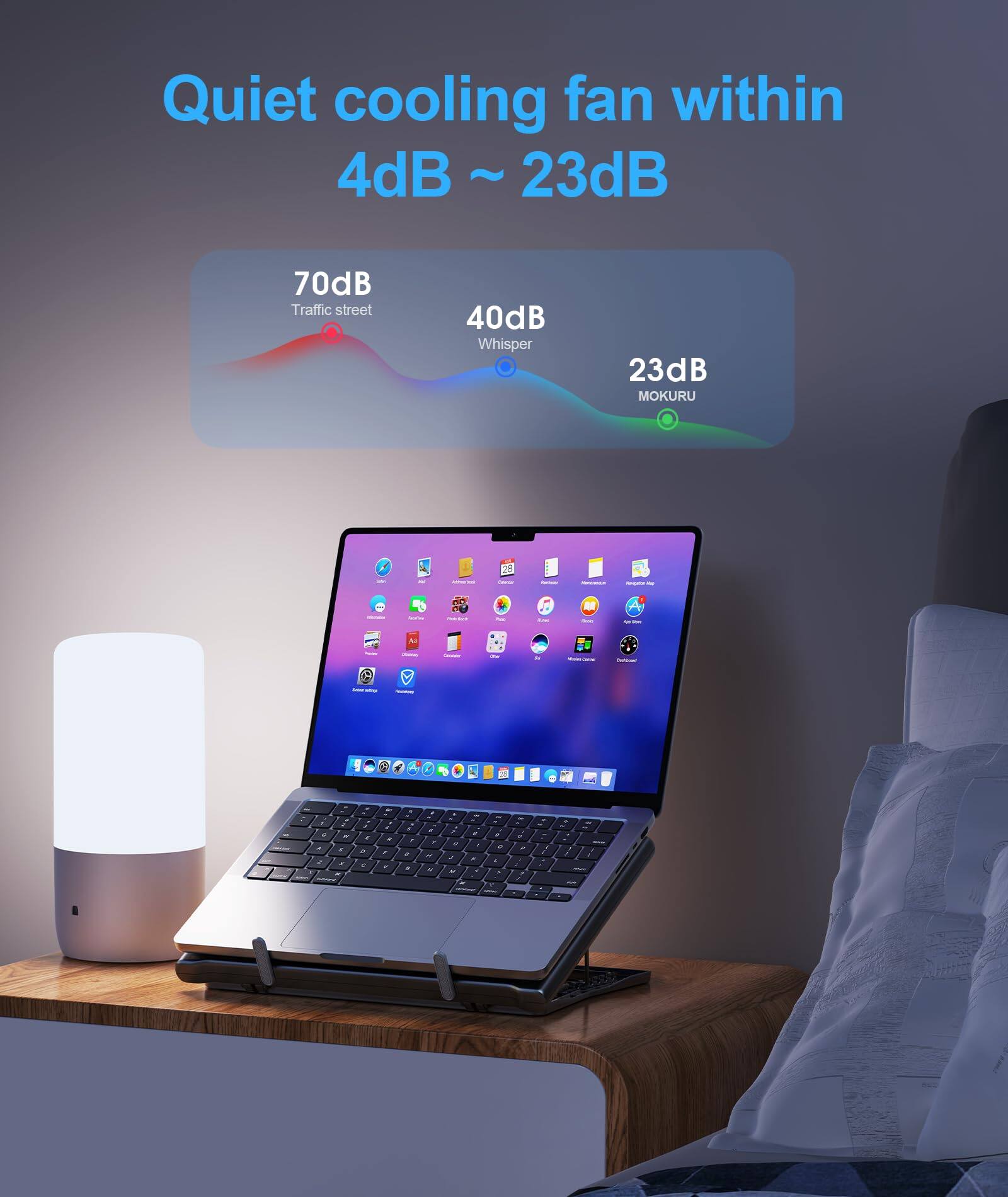 Quiet cooling fan within 4dB ~ 23dB

70dB Traffic street  
40dB Whisper  
23dB MOKURU