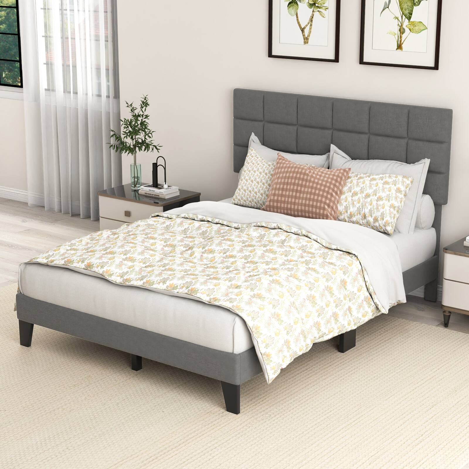 Alt View 6. LUCKY ONE - Queen Assembled Linen Bed Frame with Adjustable Headboard Platform Bed Wooden Slats - Gray-Queen.