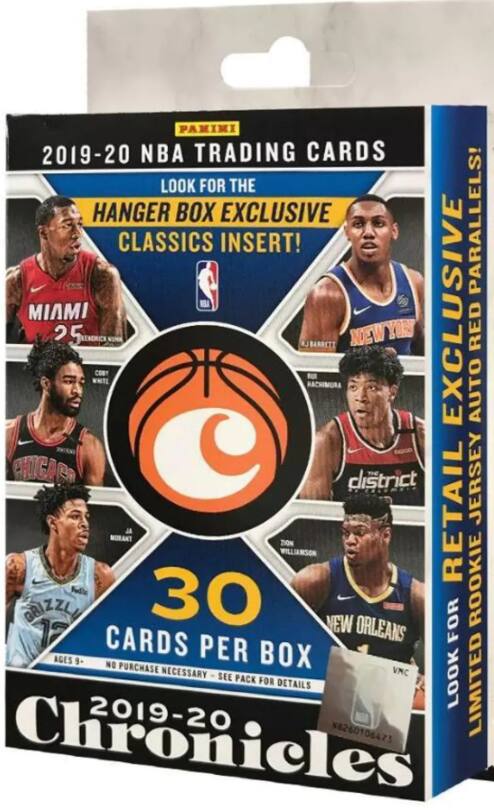 PANINI  
2019-20 NBA TRADING CARDS  
LOOK FOR THE HANGER BOX EXCLUSIVE CLASSICS INSERT!  
30 CARDS PER BOX  
AGES 9+  
NO PURCHASE NECESSARY - SEE PACK FOR DETAILS  
2019-20 Chronicles  
LIMITED RETAIL AUTO RED PARALLELS!  
LOOK FOR LIMITED RETAIL AUTO RED PARALLELS!  
MIAMI  
NEW YORK  
CHICAGO  
THE district  
NEW ORLEANS  
NO PURCHASE NECESSARY - SEE PACK FOR DETAILS  
N6260106473