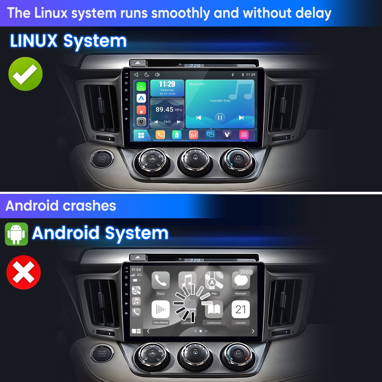 The Linux system runs smoothly and without delay  
LINUX System

Android crashes  
Android System