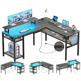 Hirose Alice - Unikito L Shaped Computer Desk with Magic Power Outlets and Smart LED Light, Reversible nch Corner Office D - Black Oak L Shaped Desk