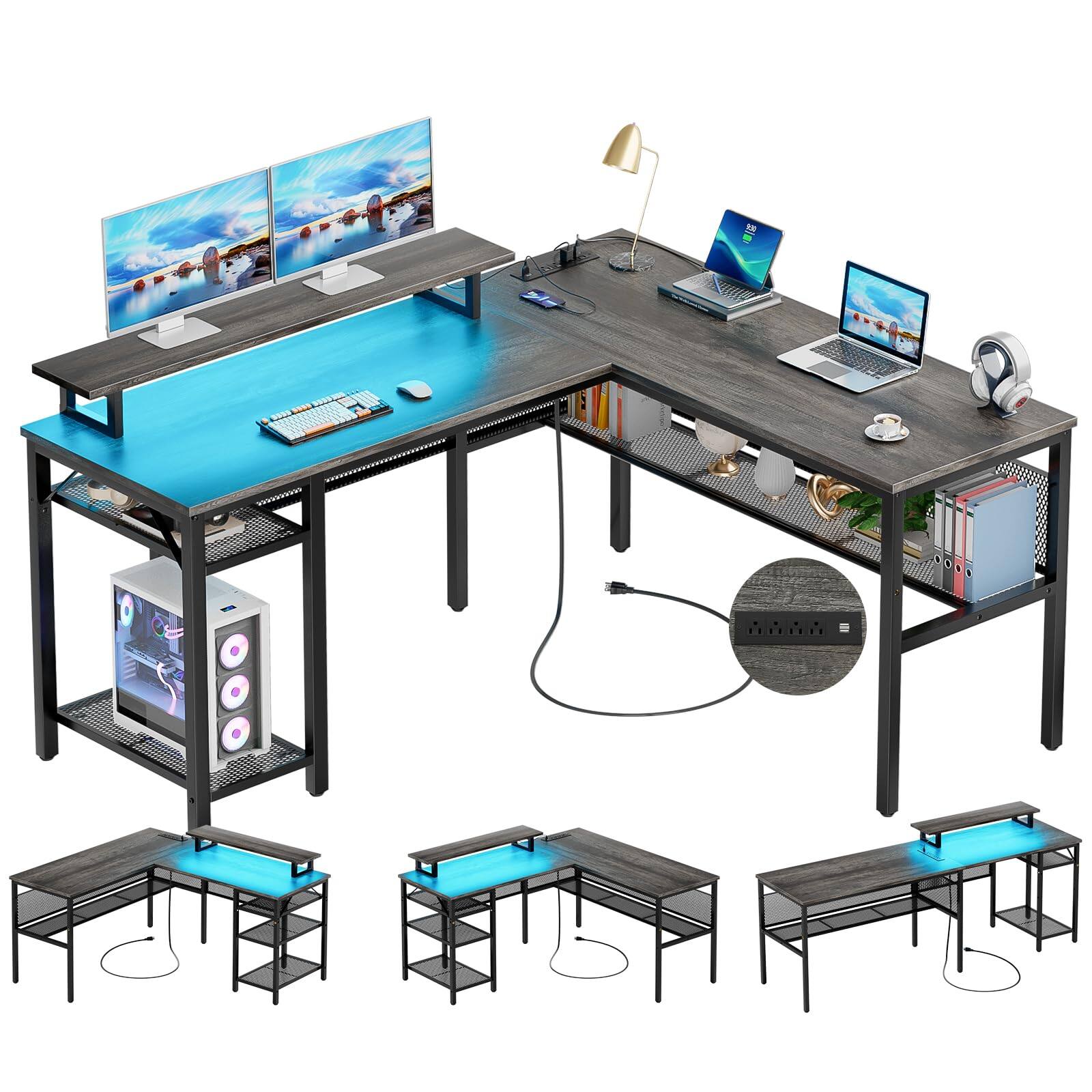 Front. Hirose Alice - Unikito L Shaped Computer Desk with Magic Power Outlets and Smart LED Light, Reversible nch Corner Office D... - Black Oak L Shaped Desk.