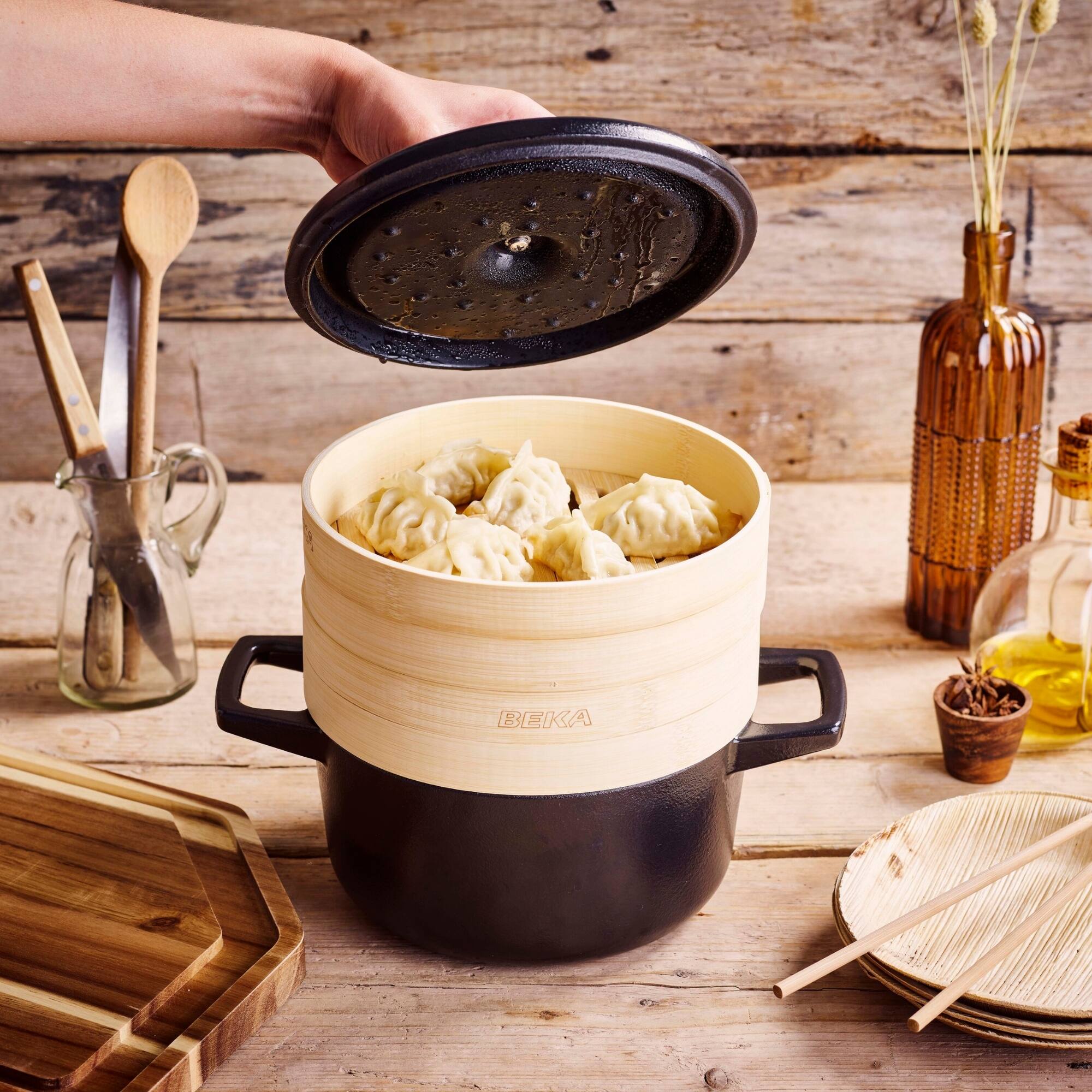 Left. Alva - Alva Nori Enameled Cast Iron Steamer Set Dutch Oven 2.4Qt. - Oven Safe and Toxin-Free Cookware - Black.