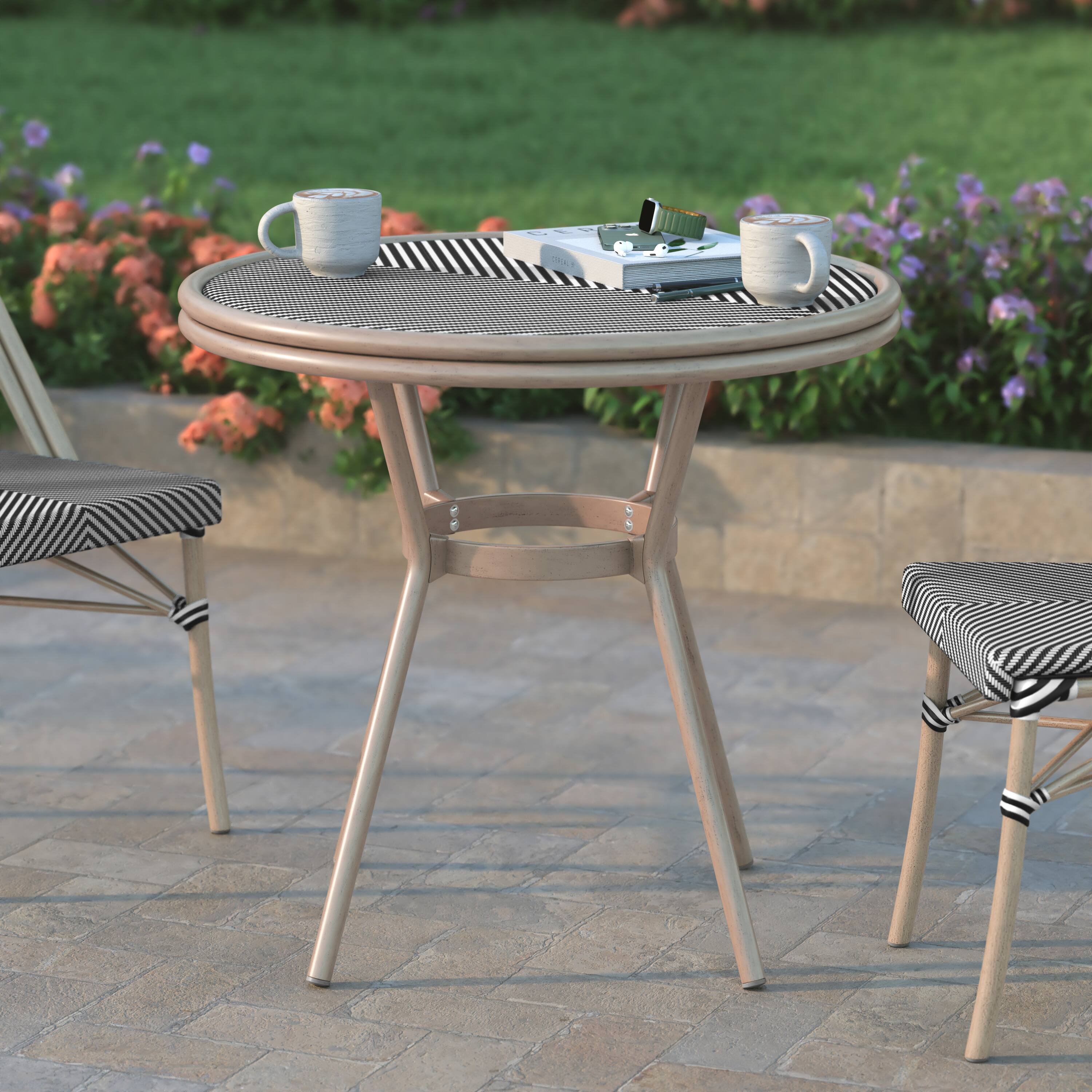 Alt View 1. Emma + Oliver - Massalia Indoor/Outdoor Bistro Style 31.5 in. Table with Textilene, Glass Top, and Bamboo Finished Metal Frame - Black & White Textilene/Light Natural Frame.