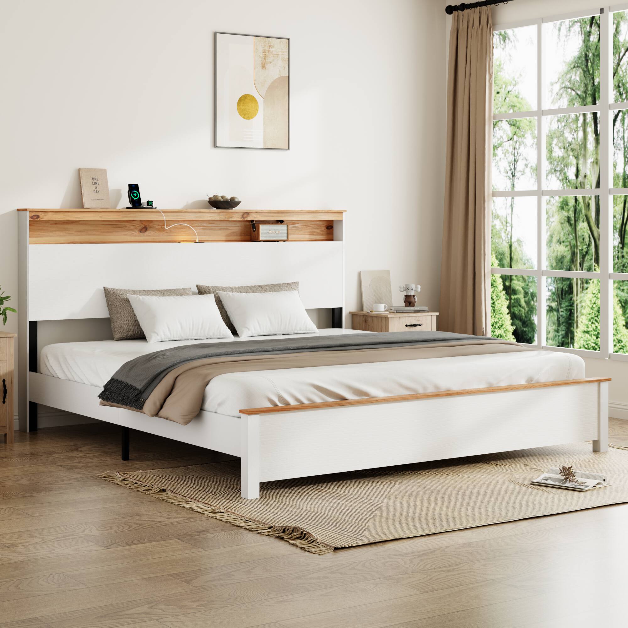 Angle. LUCKY ONE - King Size Bed Frame With Storage Headboard and Built-in Charging Station - Antique White.
