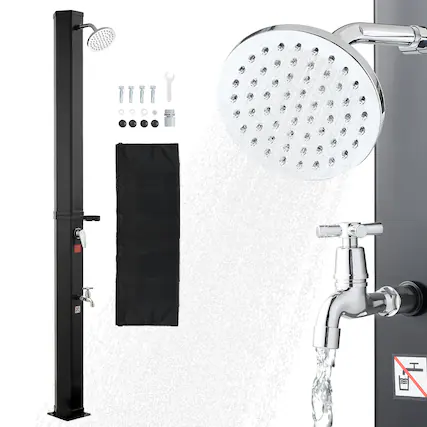 Front. VEVOR - 9.2 Gal Solar Heated Shower, 6.4ft Showerhead Height Outdoor Shower, with Foot Faucet & Soap Box Rack, Hot & Cold Water - Black.