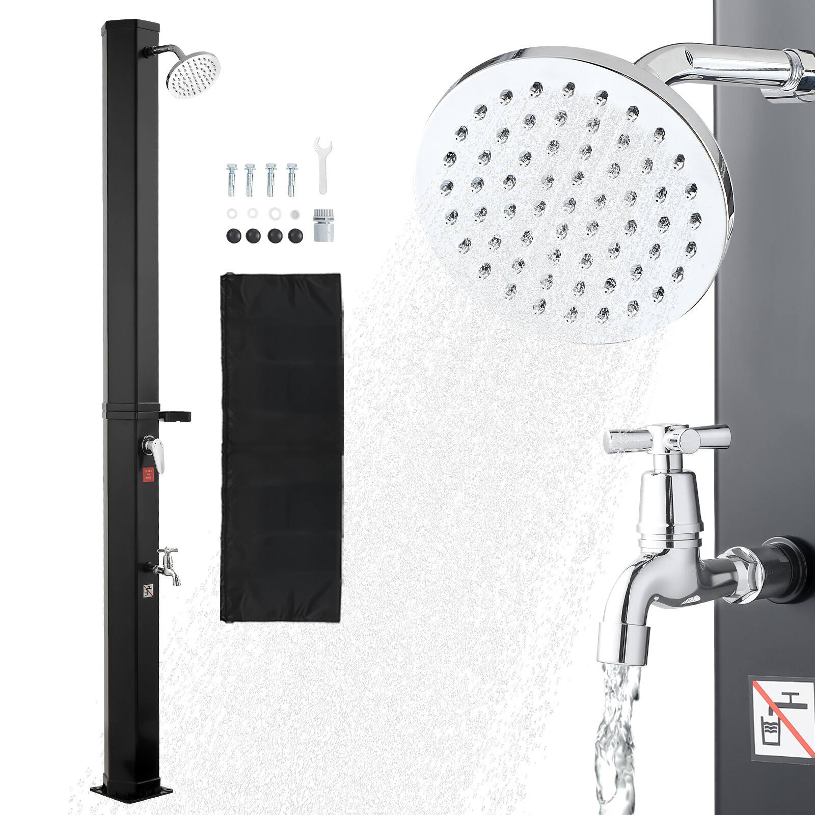 VEVOR - 9.2 Gal Solar Heated Shower, 6.4ft Showerhead Height Outdoor Shower, with Foot Faucet & Soap Box Rack, Hot & Cold Water - Black