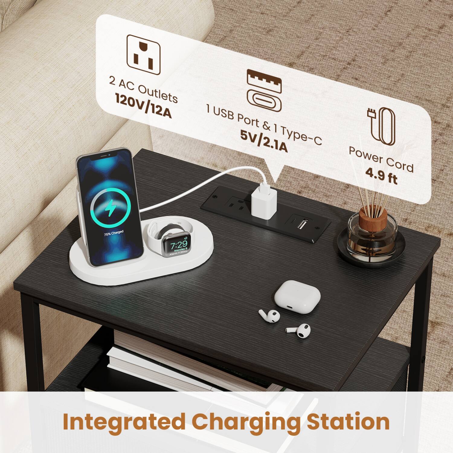 2 AC Outlets | 120V/12A  
1 USB Port & 1 Type-C 5V/2.1A  
Power Cord 4.9 ft  
75% Charged  
7:29 Monday  
Integrated Charging Station