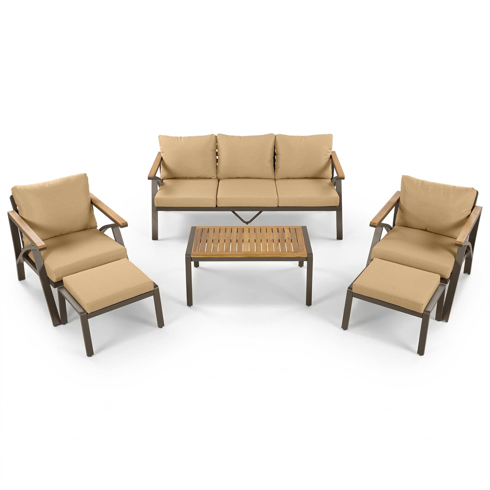 Alt View 1. Whisen - 6-Piece Outdoor Patio Furniture Set with Acacia Wood Table, Steel Sofa, Armchairs & Ottomans for Garden - Brown.