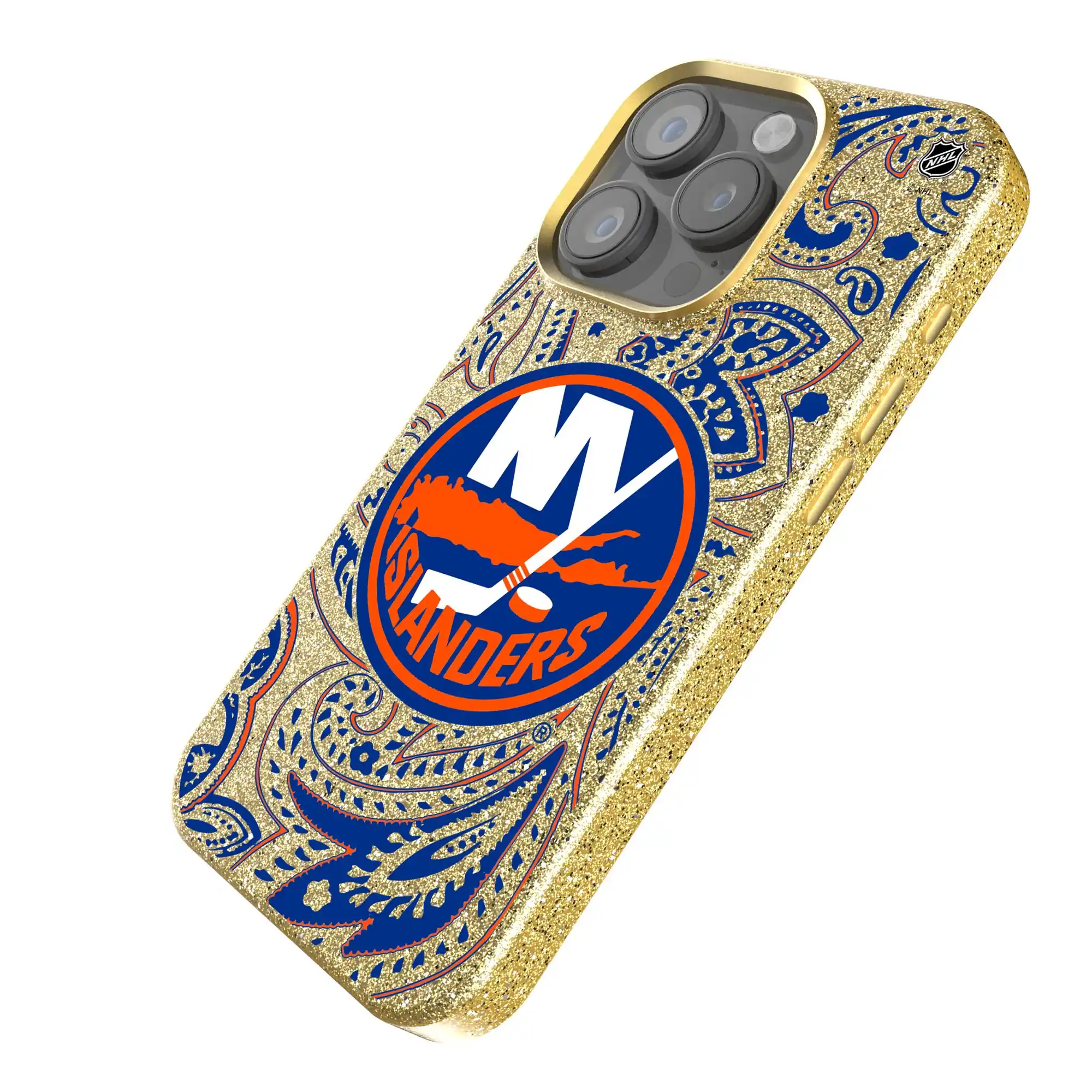 Alt View 1. Keyscaper - Gold New York Islanders Paisley Bling iPhone Case - 16 Pro - Gold.