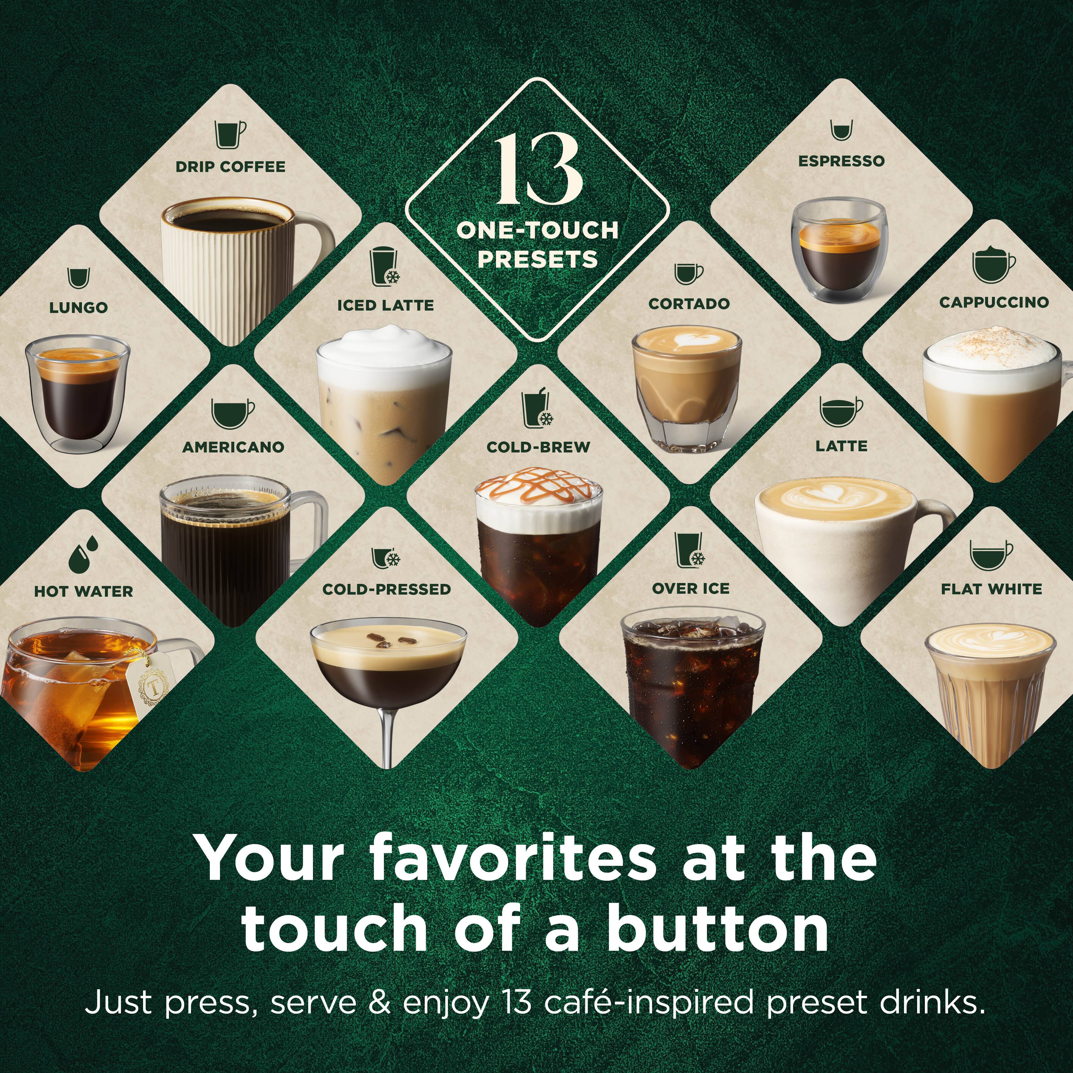 DRIP COFFEE  
13 ONE-TOUCH PRESETS  
ESPRESSO  
LUNGO  
ICED LATTE  
CORTADO  
CAPPUCCINO  
AMERICANO  
COLD-BREW LATTE  
HOT WATER  
COLD-PRESSED  
OVER ICE  
FLAT WHITE  

Your favorites at the touch of a button  
Just press, serve & enjoy 13 café-inspired preset drinks.