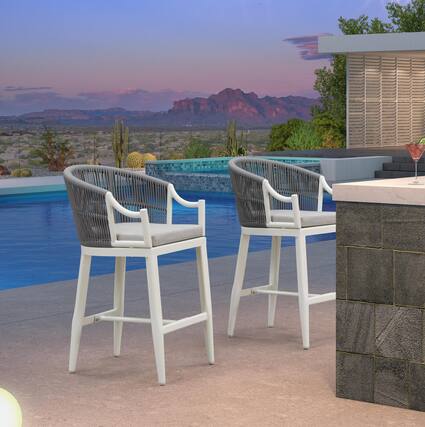 Front. PURPLE LEAF - Patio Counter Height Set of 2 Outdoor Rattan Chairs with Back Modern Aluminum Woven Barstools for Garden Indoor Kitchen - White-Counter Stool.