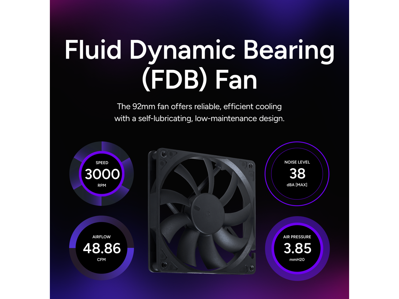 Fluid Dynamic Bearing (FDB) Fan

The 92mm fan offers reliable, efficient cooling with a self-lubricating, low-maintenance design.

- SPEED: 3000 RPM
- NOISE LEVEL: 38 dBA [MAX]
- AIRFLOW: 48.86 CFM
- AIR PRESSURE: 3.85 mmH2O