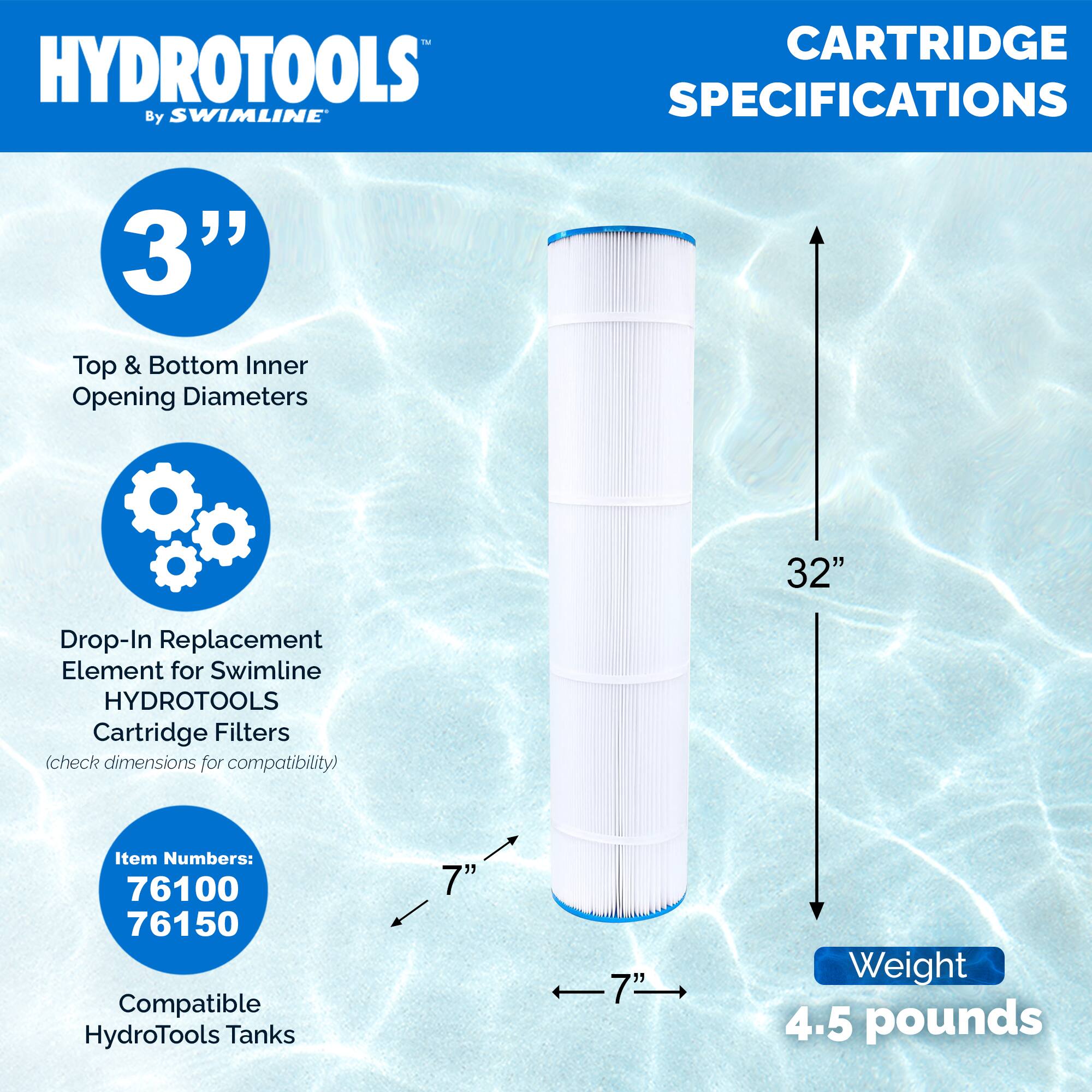 HYDROTOOLS By SWIMLINE CARTRIDGE SPECIFICATIONS

3" Top & Bottom Inner Opening Diameters

32" Drop-In Replacement Element for Swimline HYDROTOOLS Cartridge Filters (check dimensions for compatibility)

Item Numbers: 76100 76150

Compatible HydroTools Tanks 7" 7"

Weight 4.5 pounds