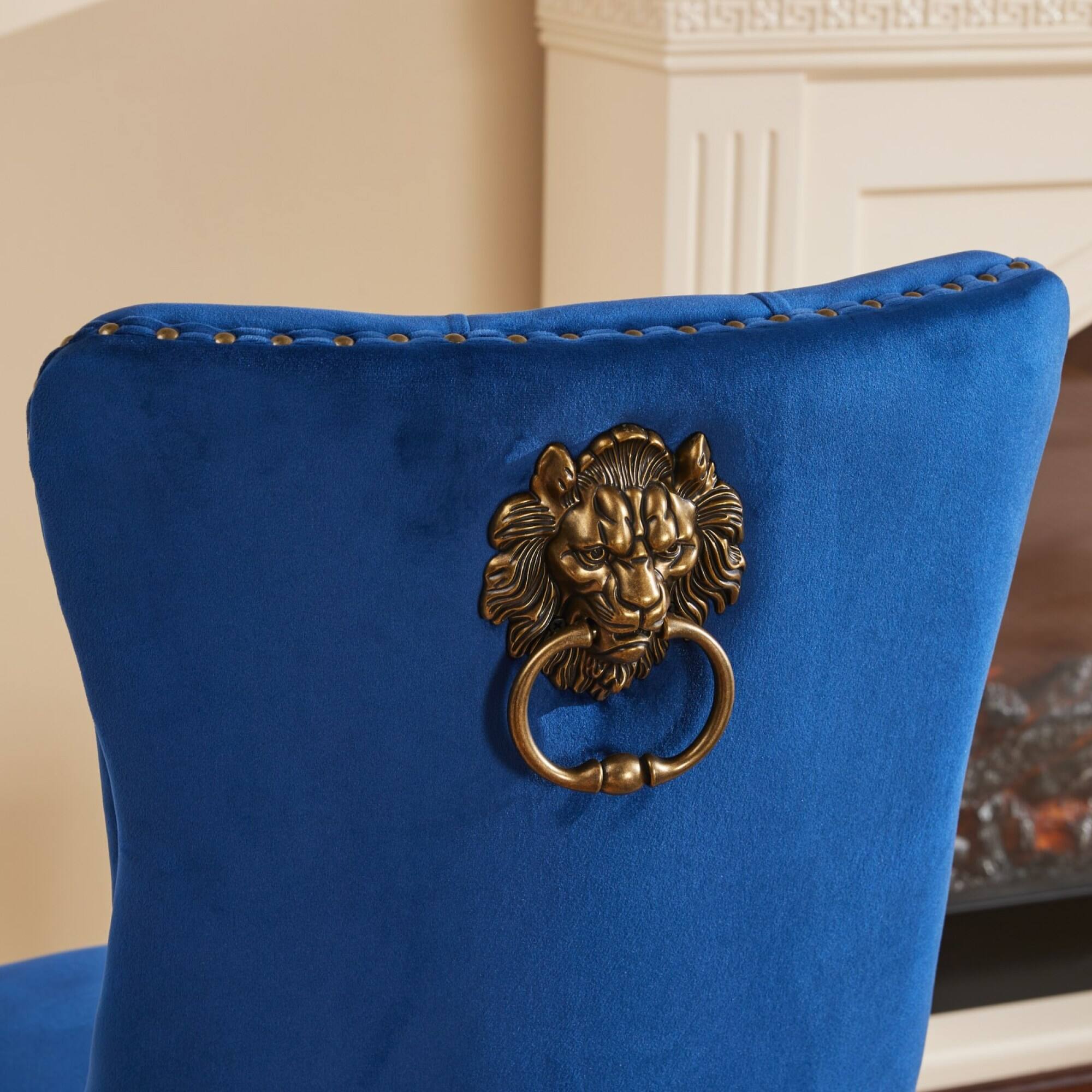 Alt View 6. GOODSILO - Modern Tufted Velvet Dining Chairs with Lion Head Pull Rings and Golden Wooden Legs, Set of 2 - Blue.