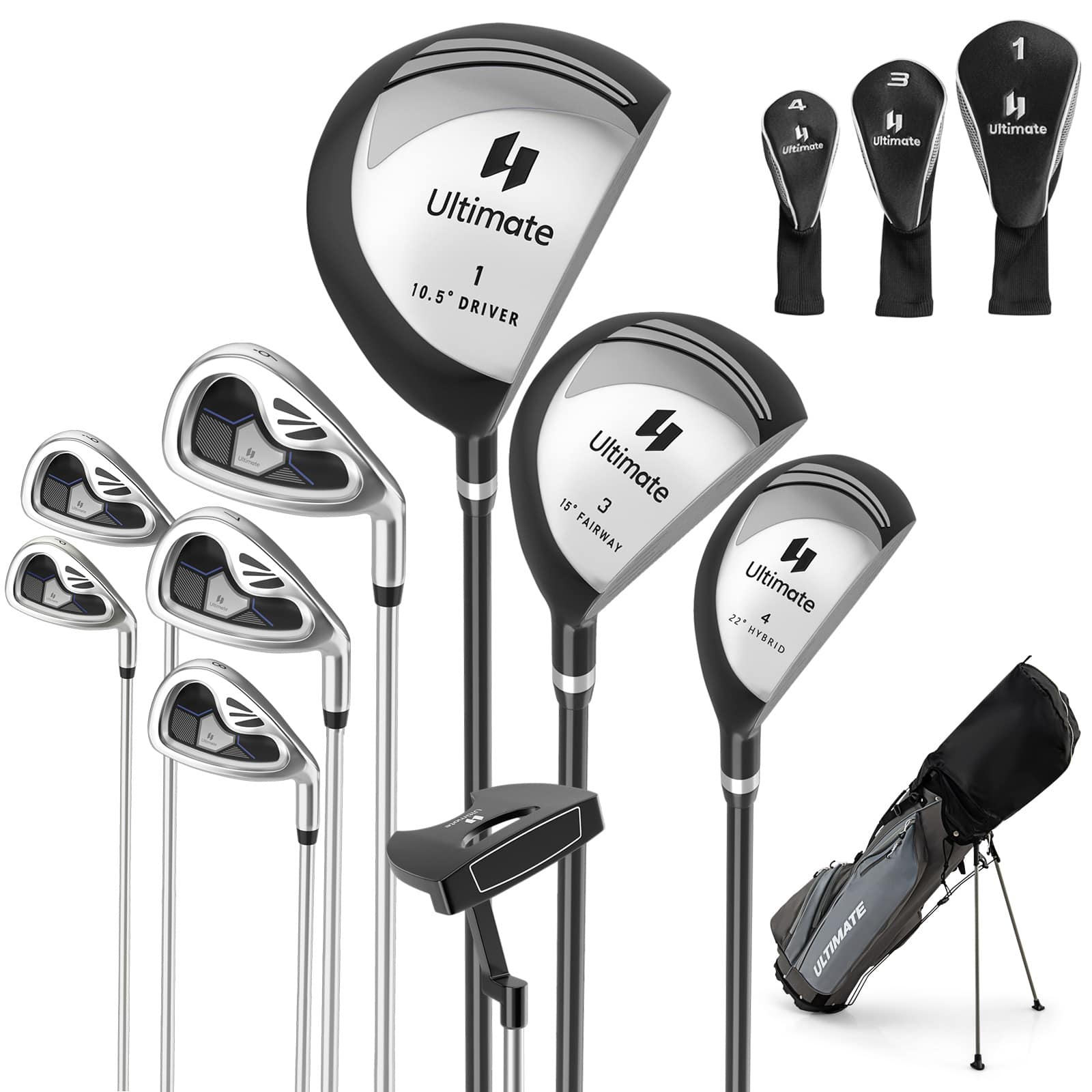 Costway - 9 PCS Men's Complete Golf Club Set Right Handed with 460cc Alloy Driver Irons - Gray